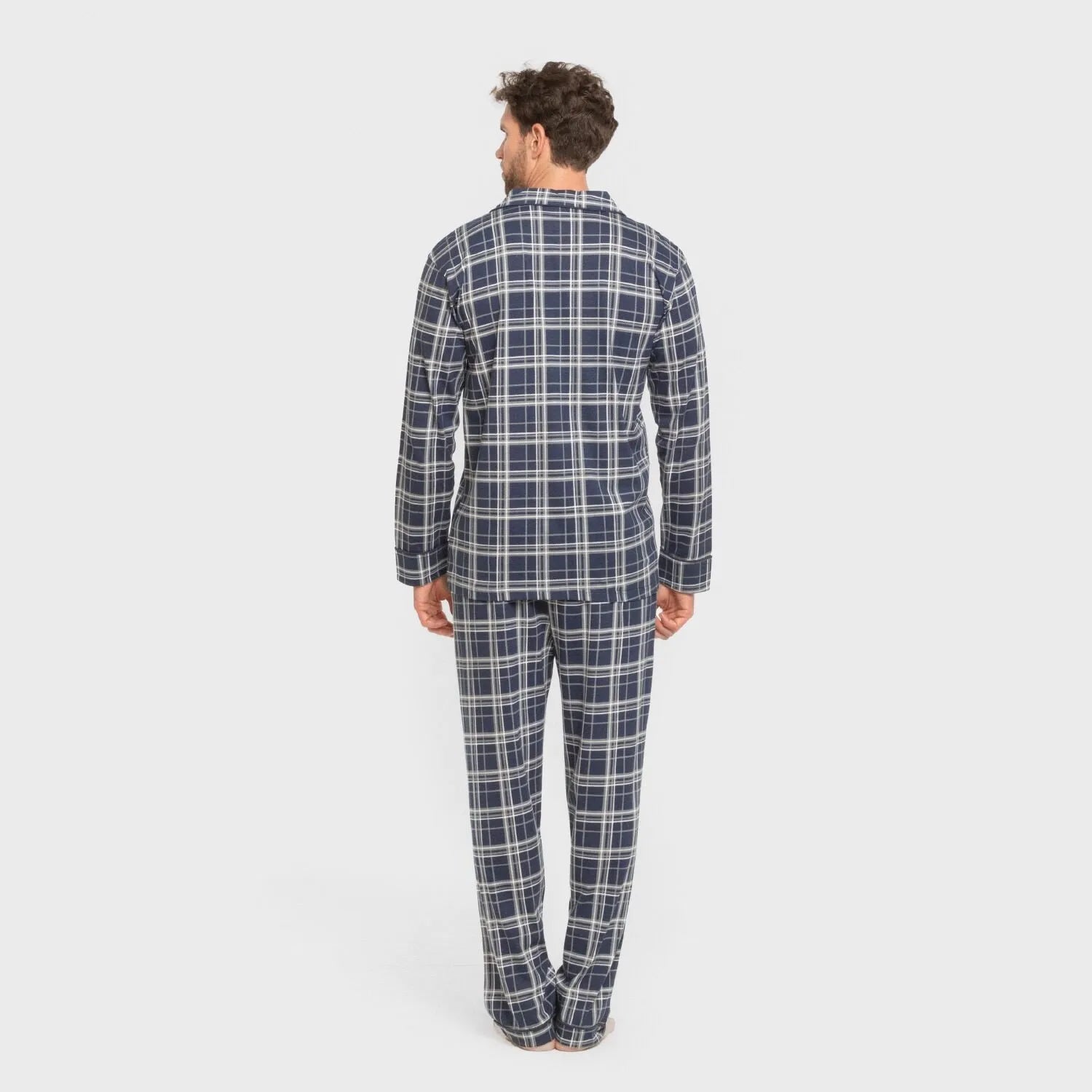 Pijama masculino comprido estilo camisa, xadrez azul.