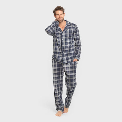 Pijama masculino comprido estilo camisa, xadrez azul.