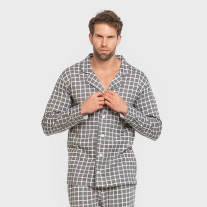 Pijama masculino longo estilo camisa de algodão, xadrez Roberto, cinza