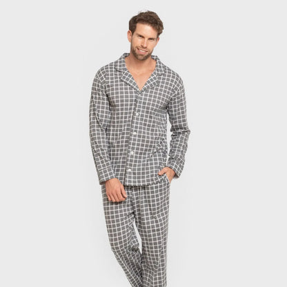 Pijama masculino longo estilo camisa de algodão, xadrez Roberto, cinza