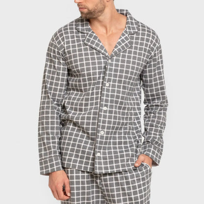 Pijama masculino longo estilo camisa de algodão, xadrez Roberto, cinza