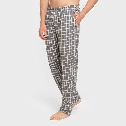 Pijama masculino longo estilo camisa de algodão, xadrez Roberto, cinza