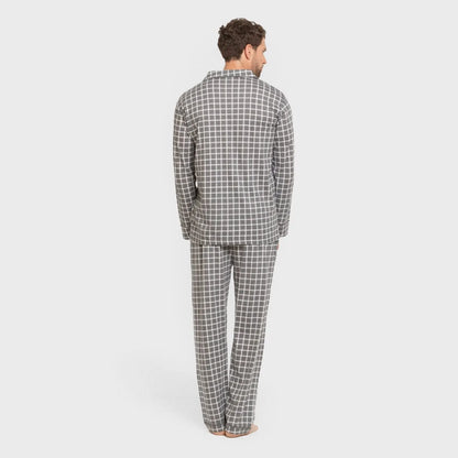 Pijama masculino longo estilo camisa de algodão, xadrez Roberto, cinza