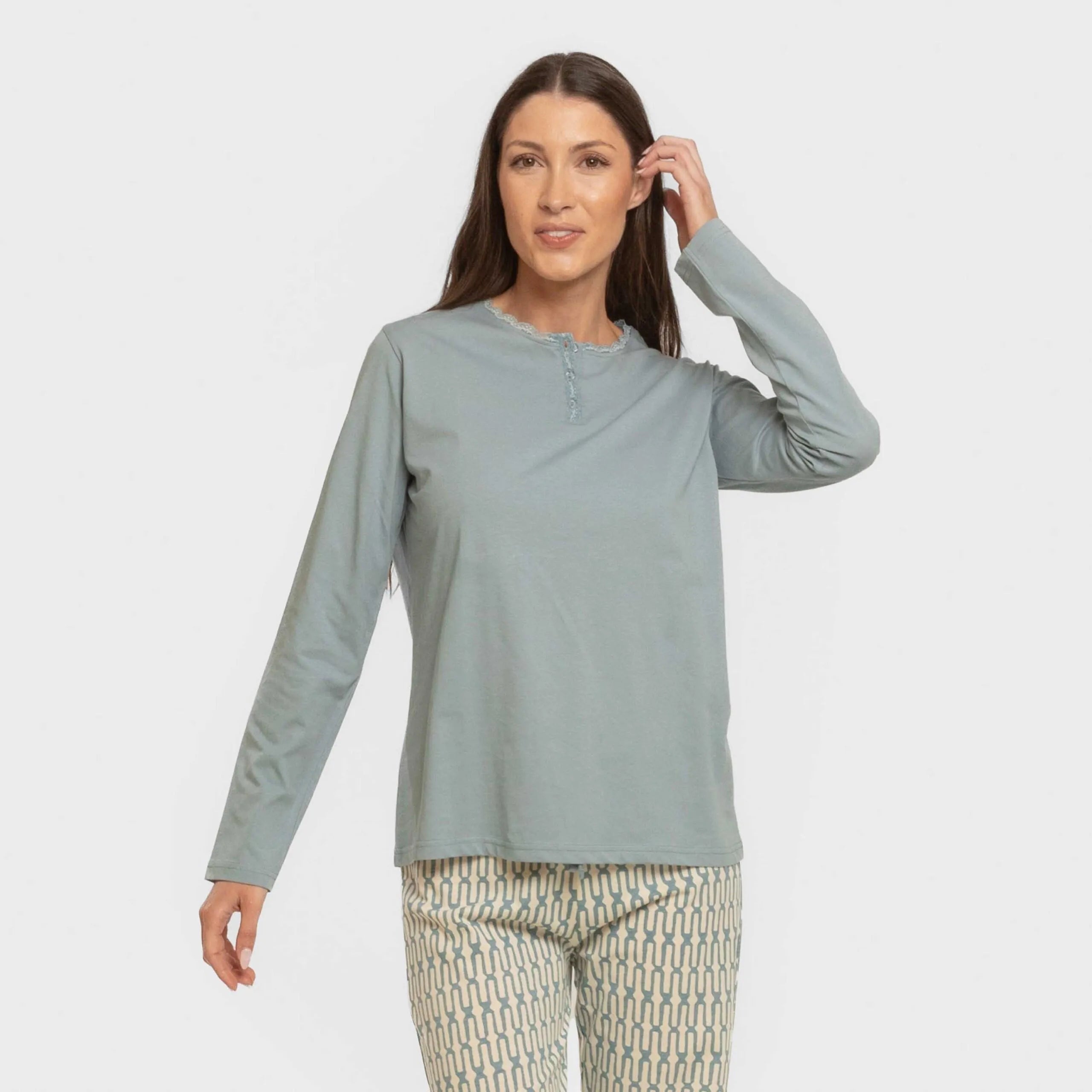 pijama comprido azul claro de algodão com eucalipto