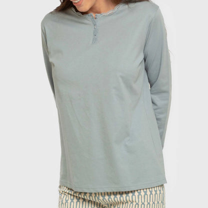 pijama comprido azul claro de algodão com eucalipto