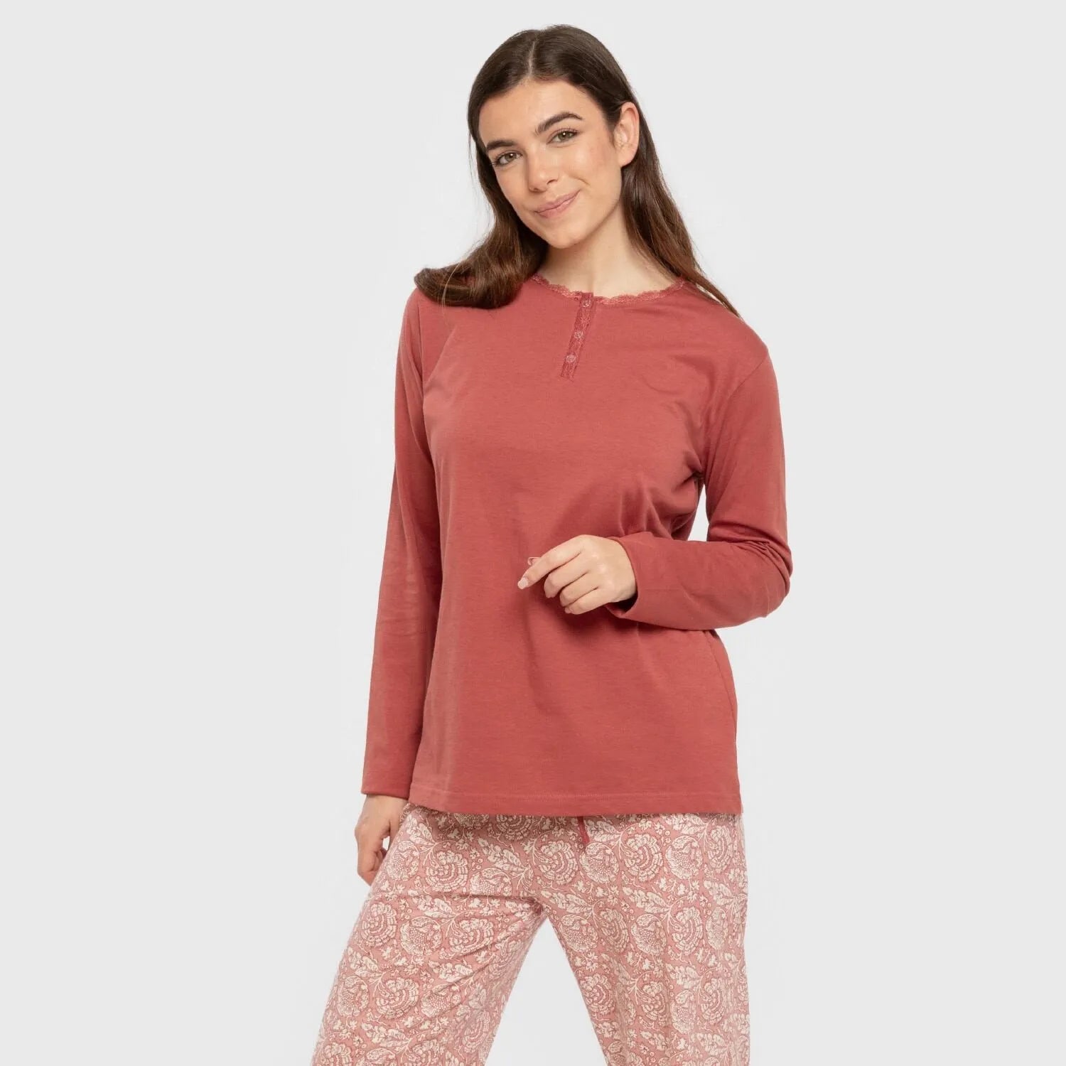 pijama comprido de algodão rosa framboesa