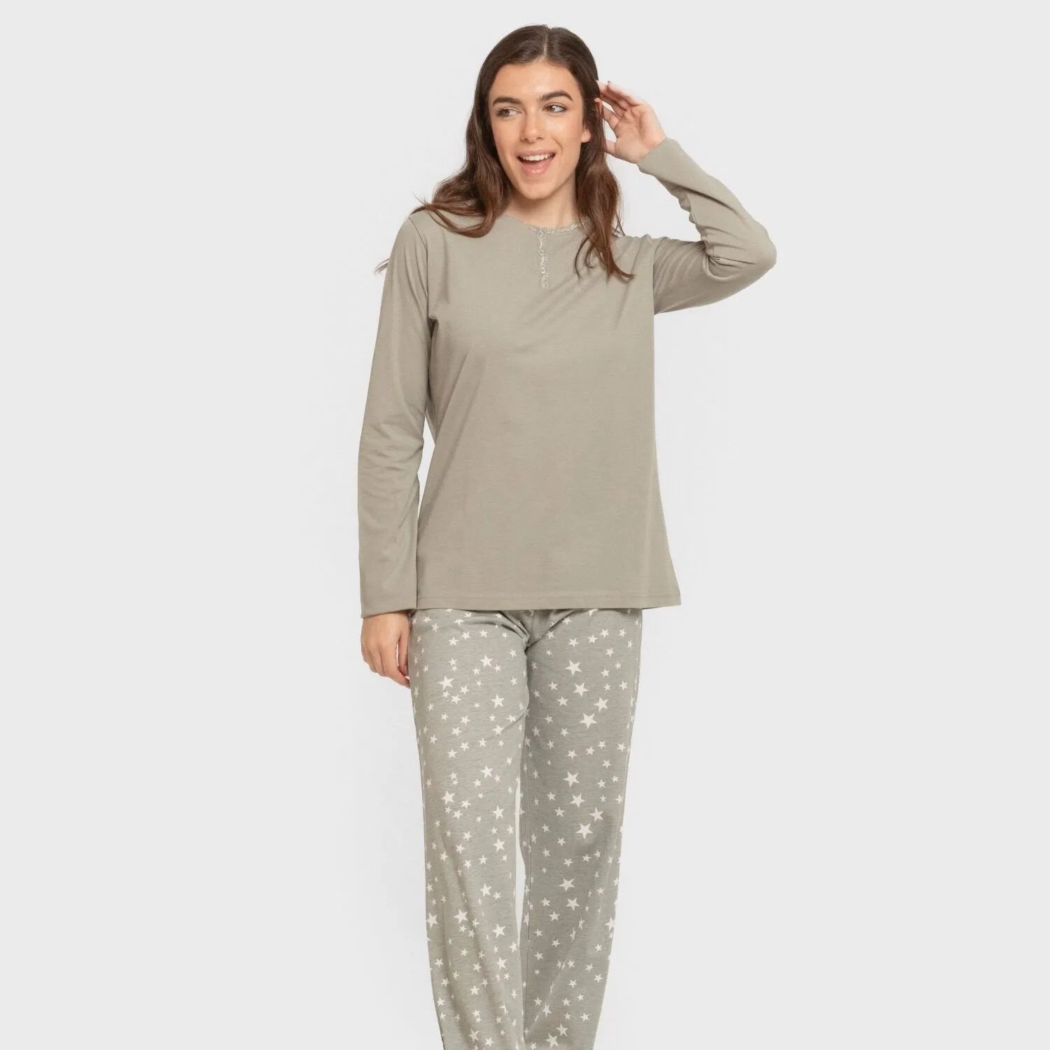 Pijama comprido de algodão, estrelinha, verde seco