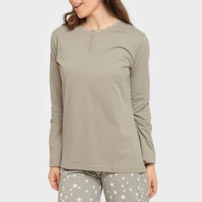 Pijama comprido de algodão, estrelinha, verde seco