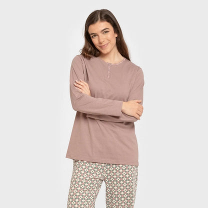 Pijama comprido de algodão, beringela cor narciso, seco