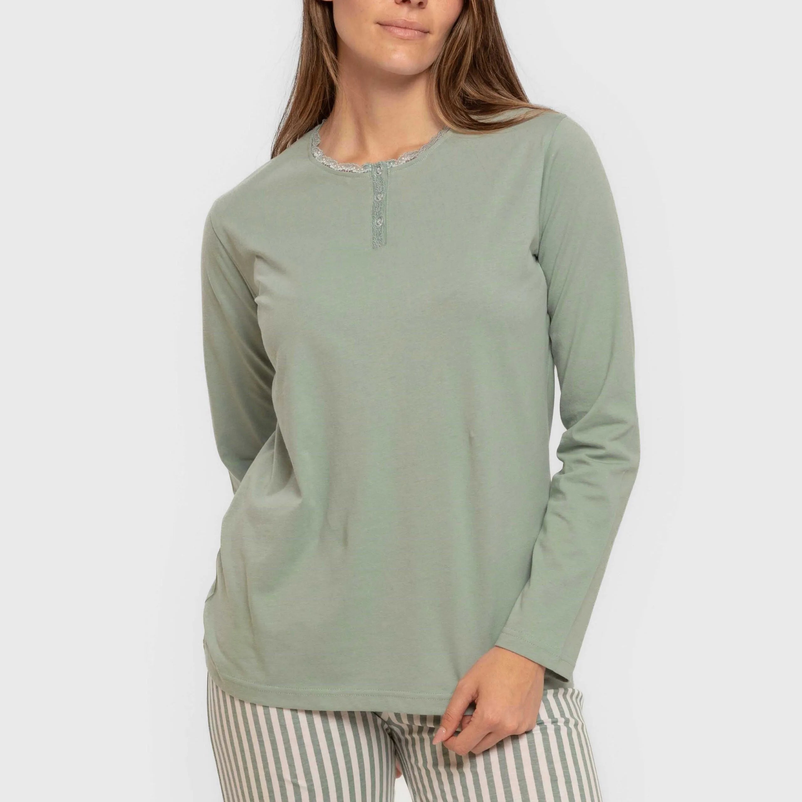 Pijama longo de algodão, faixa verde Kodac, keike