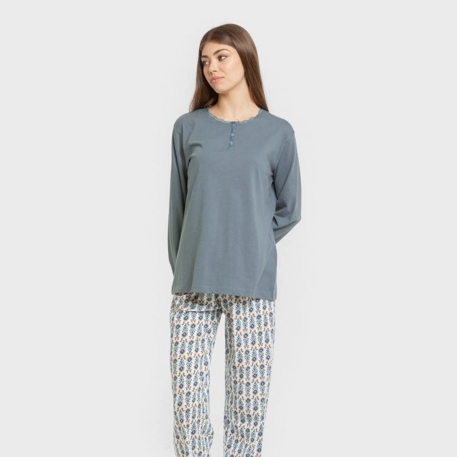 Pijama comprido de algodão cor hibisco azul-turquesa