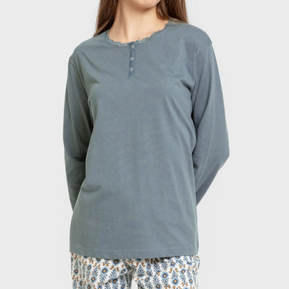 Pijama comprido de algodão cor hibisco azul-turquesa