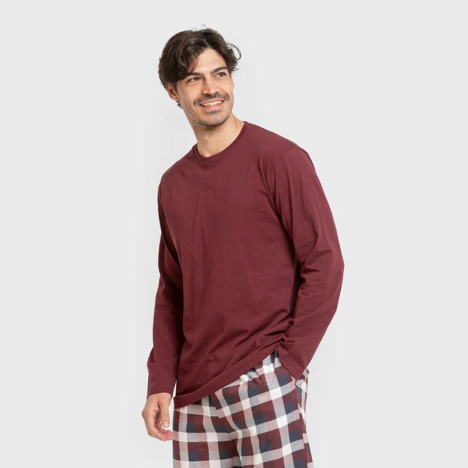 Pijama comprido masculino de algodão, xadrez bordô Ferni