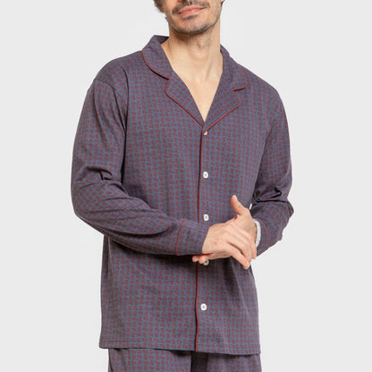 Pijama masculino longo estilo camisa de algodão, azul Conde