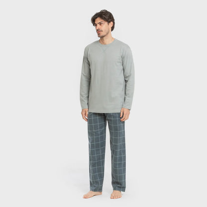 Pijama masculino de flanela, estampa xadrez andina, verde claro e azul.
