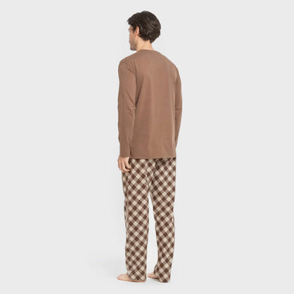 Pijama masculino de flanela, estampa xadrez Bogotá, marrom