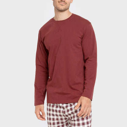 Pijama comprido masculino de algodão, modelo Gustavo xadrez bordô