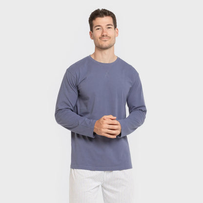 Pijama comprido masculino de algodão, Fandi com listras azuis.