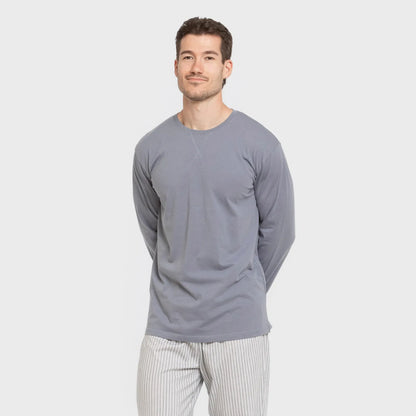 Pijama comprido masculino de algodão, modelo Ben, listrado azul.