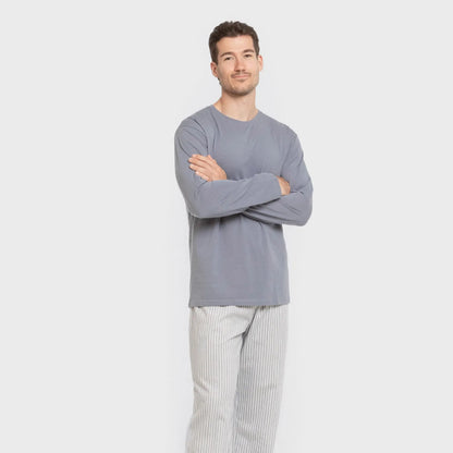 Pijama comprido masculino de algodão, modelo Ben, listrado azul.
