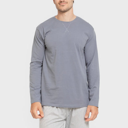 Pijama comprido masculino de algodão, modelo Ben, listrado azul.