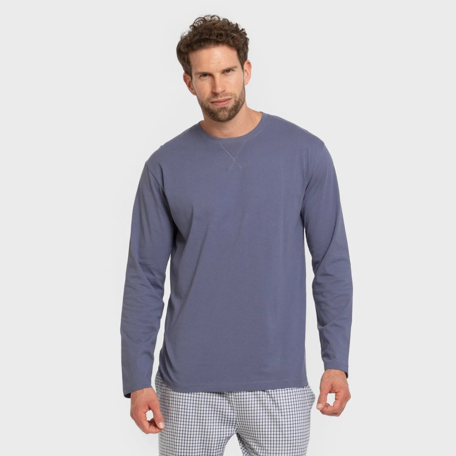 Pijama comprido masculino de algodão, xadrez azul Saul