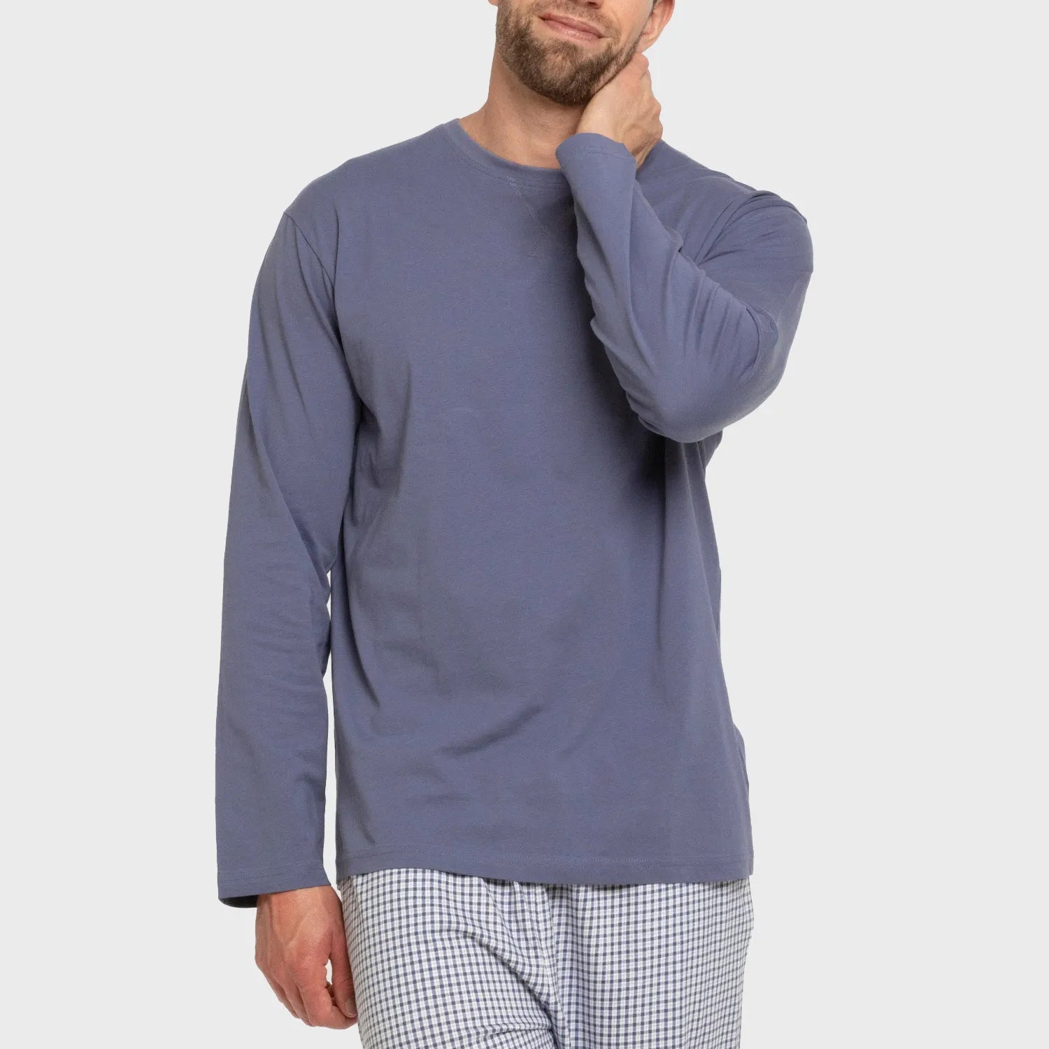 Pijama comprido masculino de algodão, xadrez azul Saul