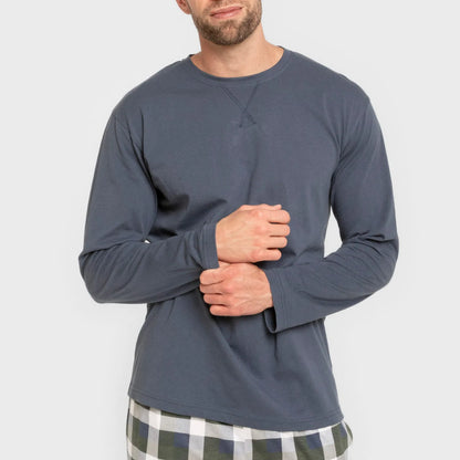 Pijama masculino comprido de algodão, xadrez Ferni, azul marinho