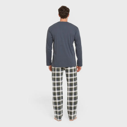 Pijama masculino comprido de algodão, xadrez Ferni, azul marinho