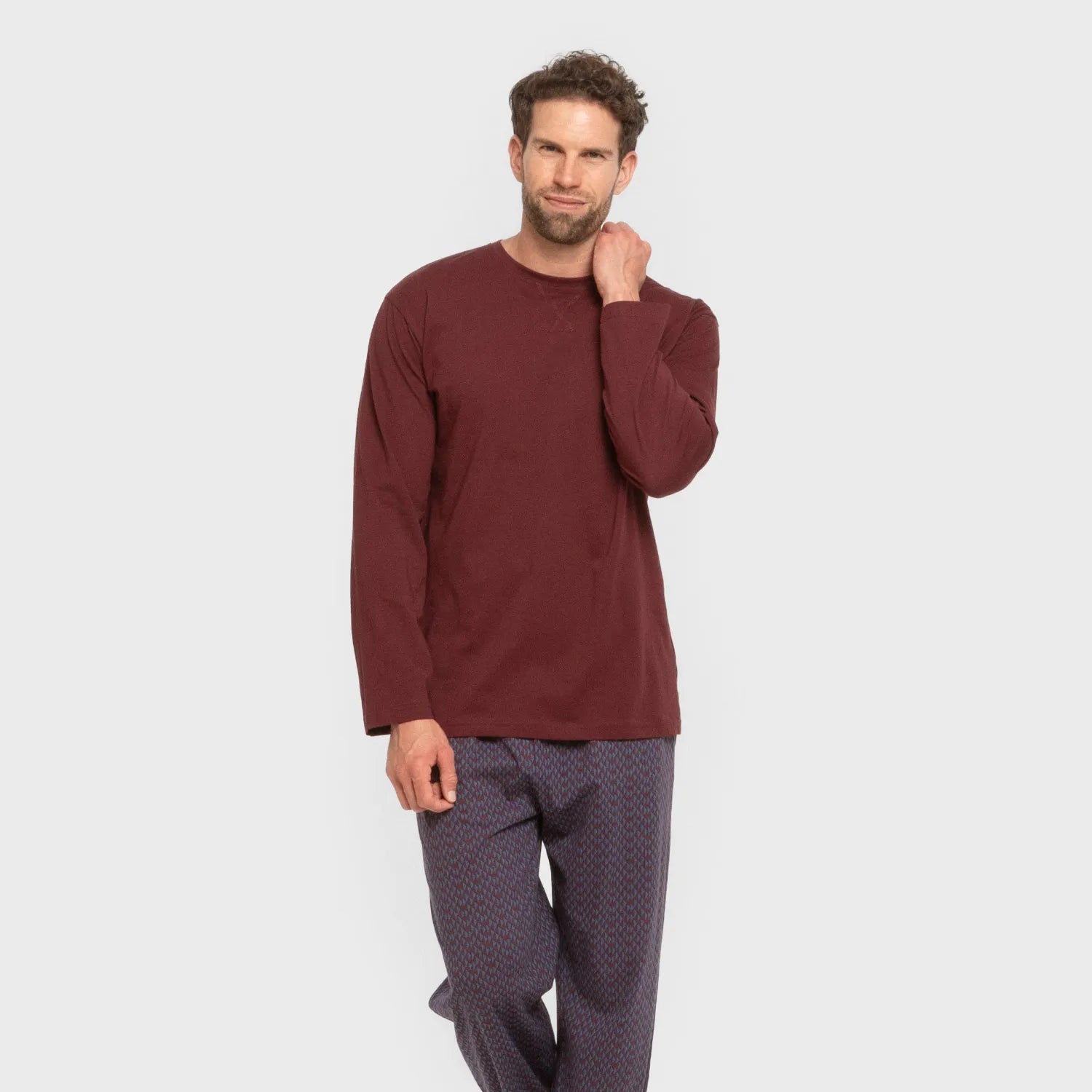 Pijama comprido masculino Harry, cor bordô, em algodão.