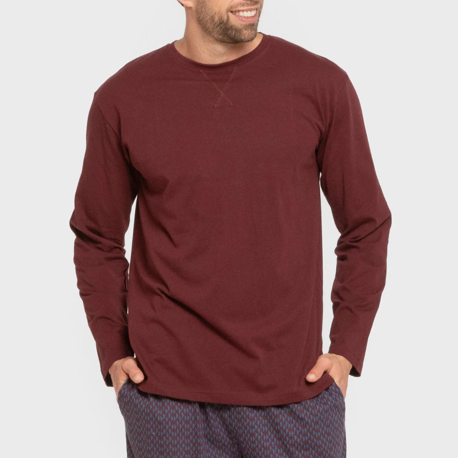 Pijama comprido masculino Harry, cor bordô, em algodão.