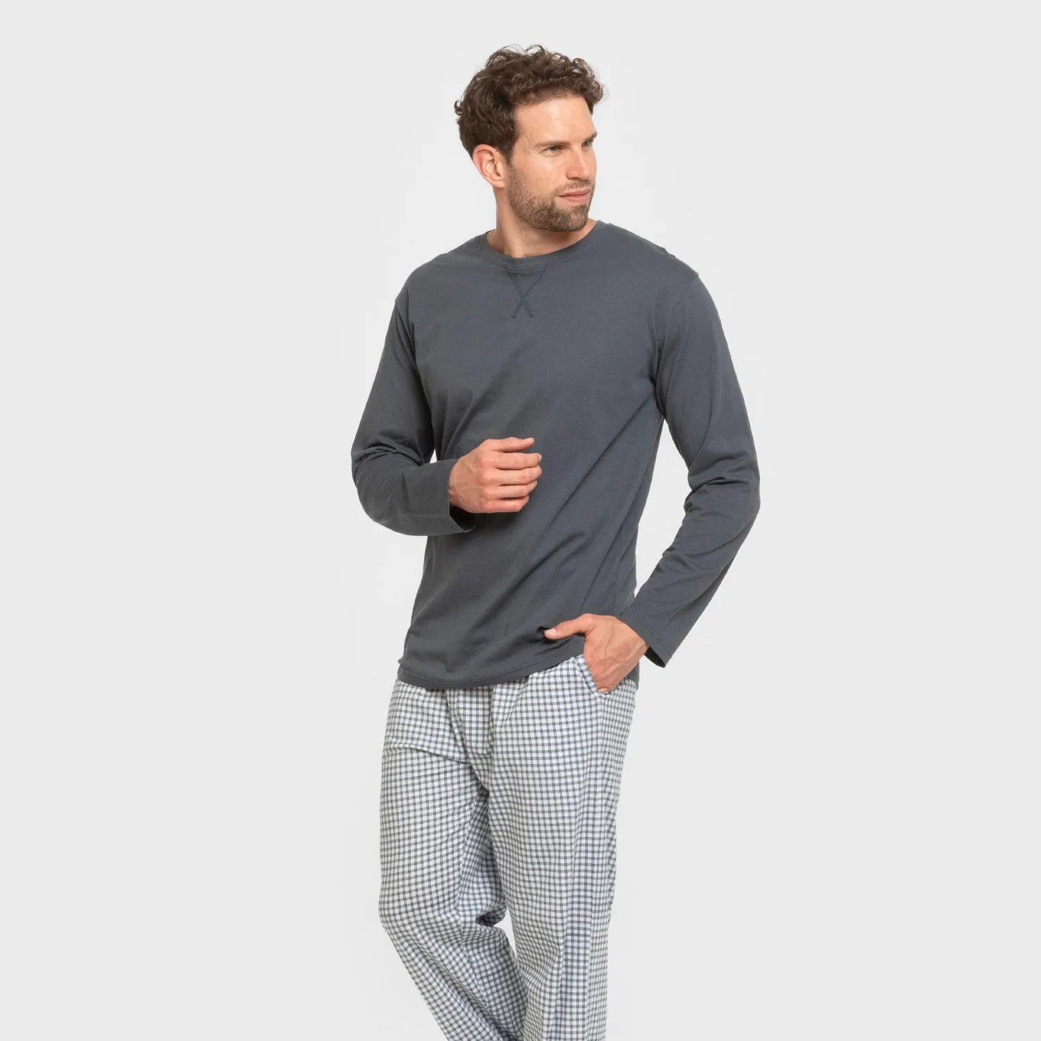 Pijama comprido masculino de algodão, xadrez azul Edmund