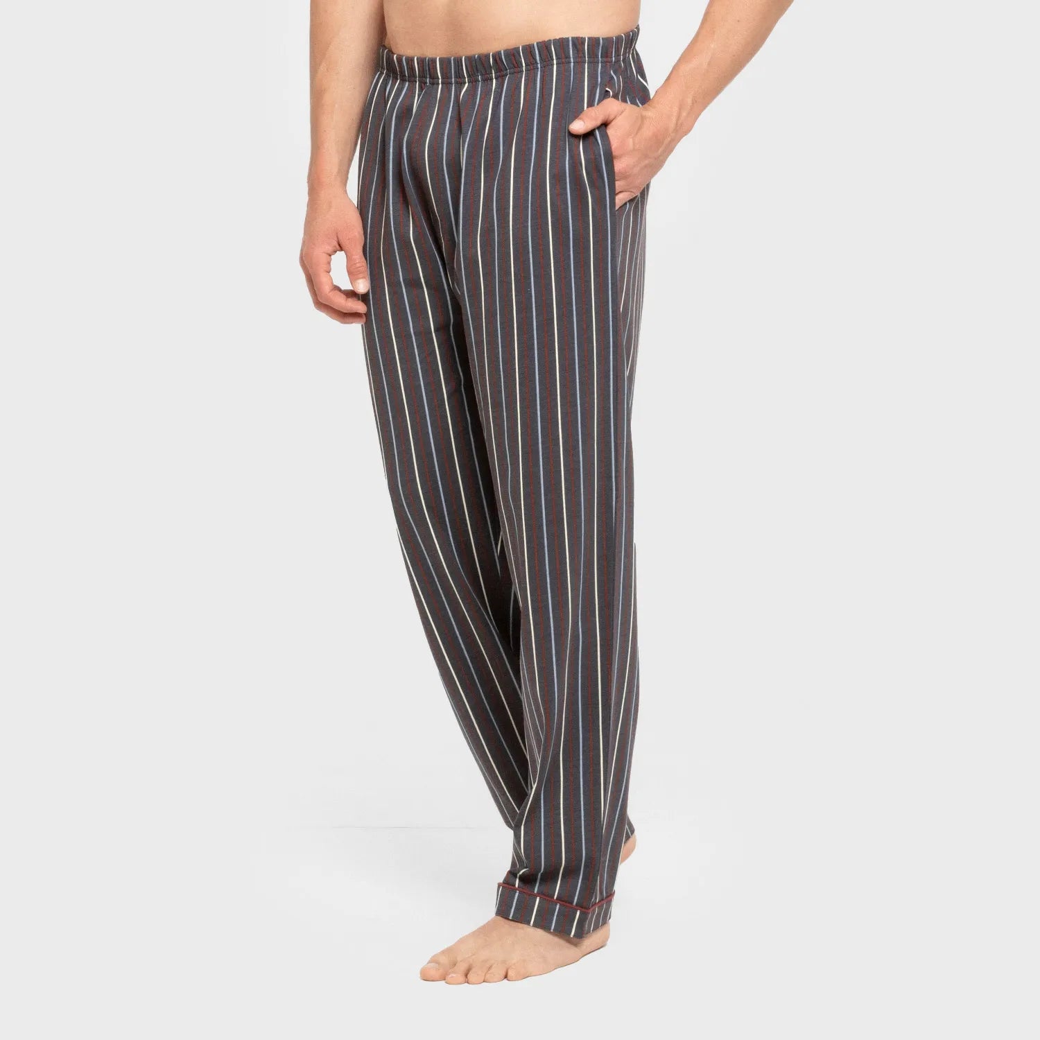 Pijama masculino longo estilo camisa de algodão, listrado em azul San Luis.