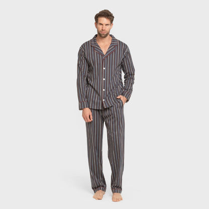Pijama masculino longo estilo camisa de algodão, listrado em azul San Luis.
