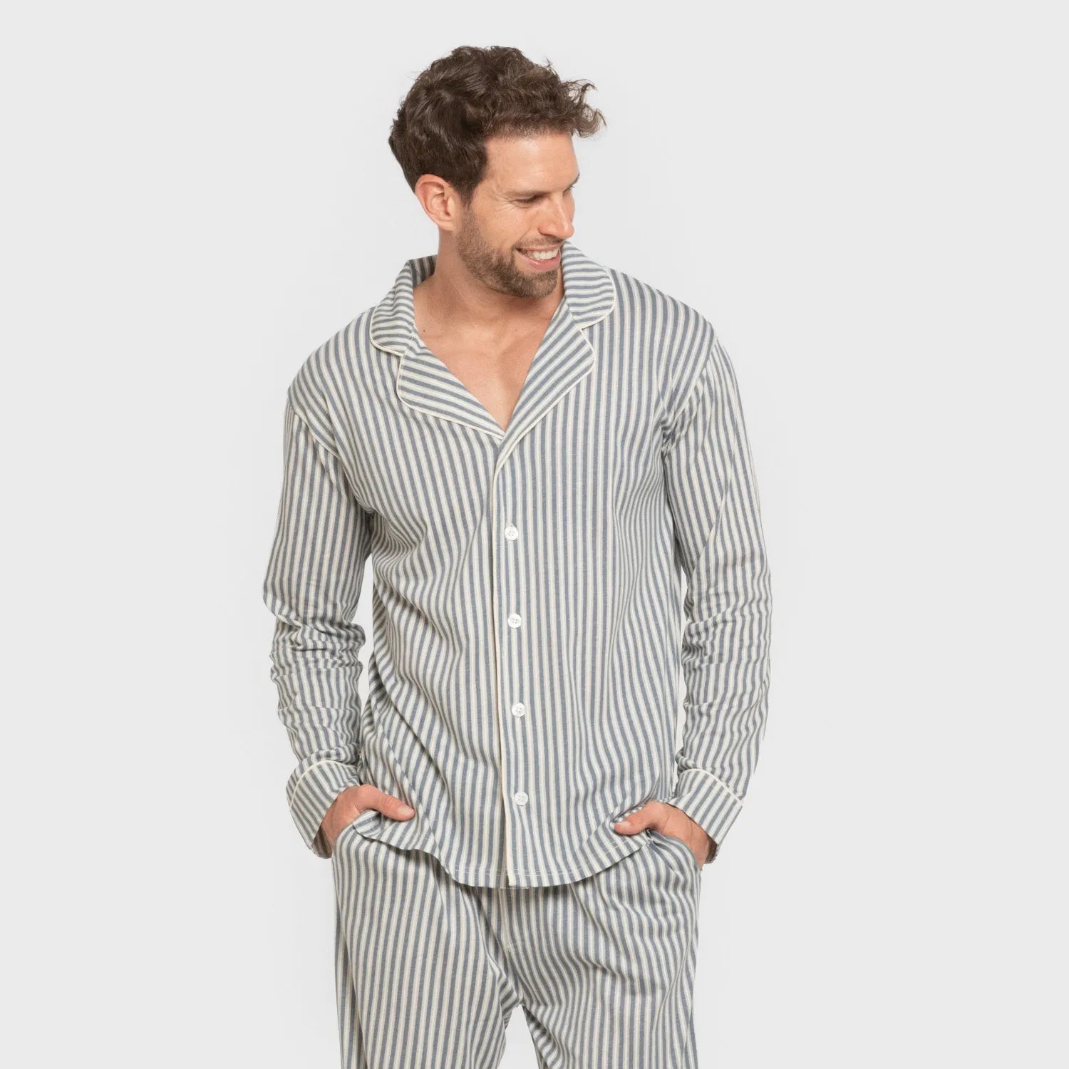 Pijama masculino longo estilo camisa de algodão, Ceballos com listras índigo.