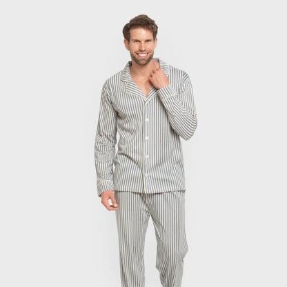 Pijama masculino longo estilo camisa de algodão, Ceballos com listras índigo.