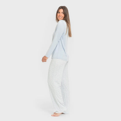 Pijama comprido feminino Clau, macio, azul claro