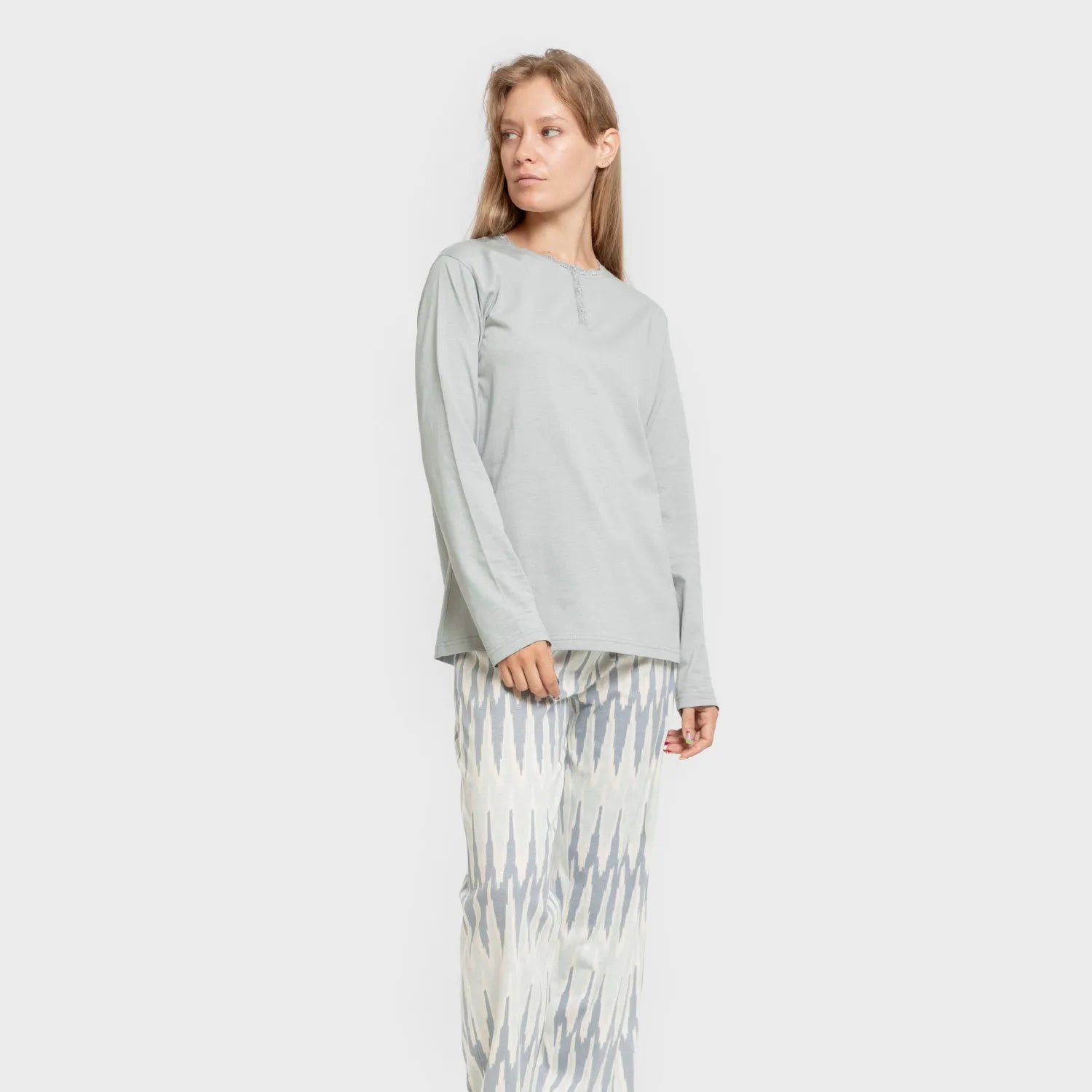 Pijama longo de algodão Lalita, azul-turquesa