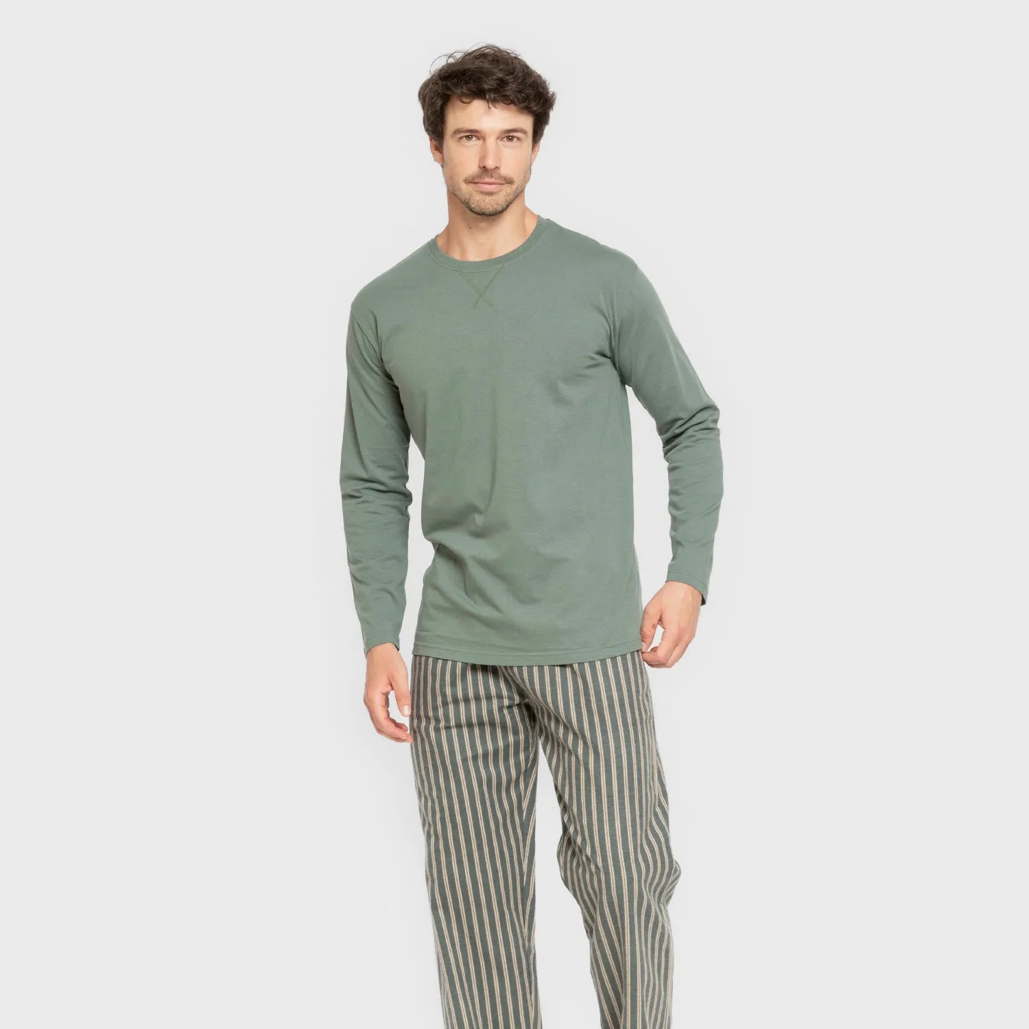 Pijama masculino de flanela, listrado Marseille, verde-areia