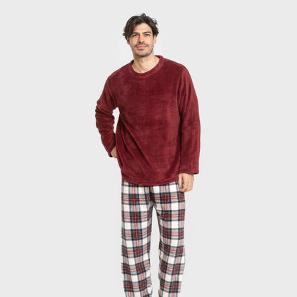 Pijama masculino de fleece coral, estampa xadrez bordô Celestia