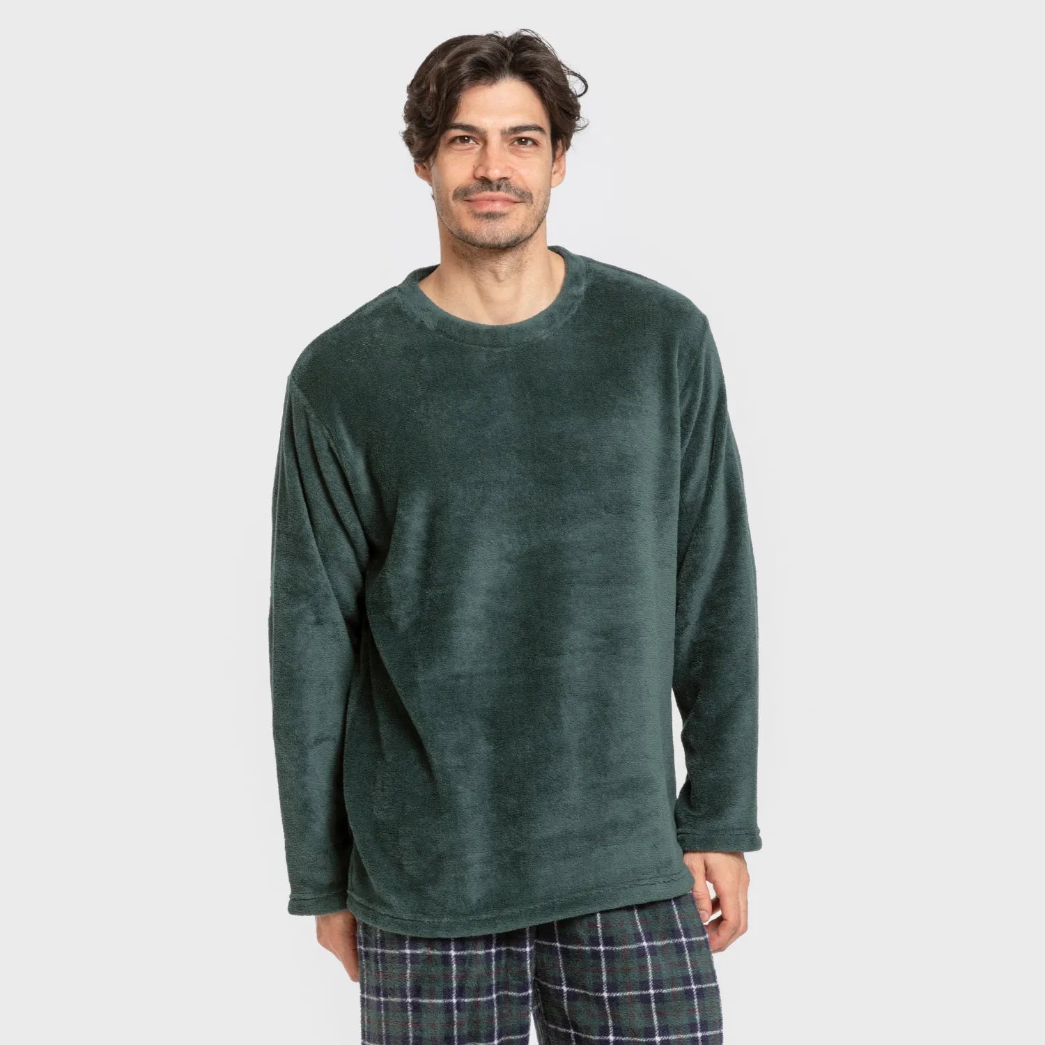 Pijama masculino de lã coral, xadrez verde Ruz