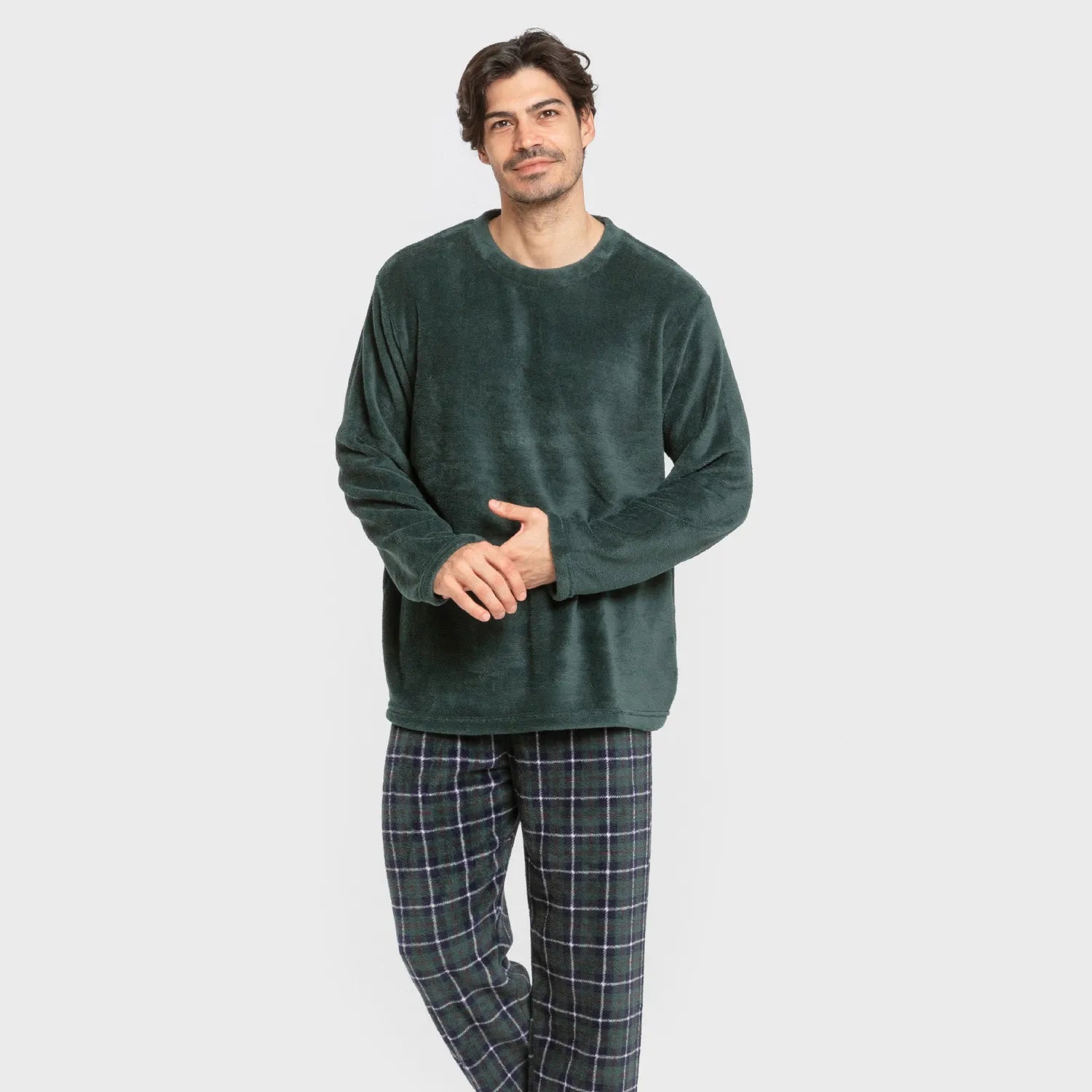 Pijama masculino de lã coral, xadrez verde Ruz