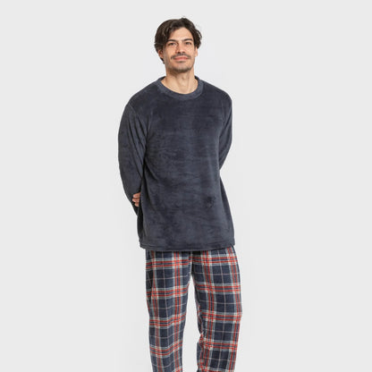 Pijama masculino de fleece coral, modelo Curtis, xadrez azul marinho.