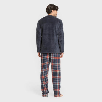 Pijama masculino de fleece coral, modelo Curtis, xadrez azul marinho.