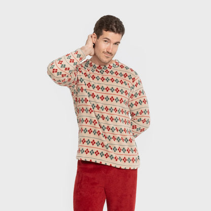 Pijama masculino Casimira em fleece coral na cor bordô.
