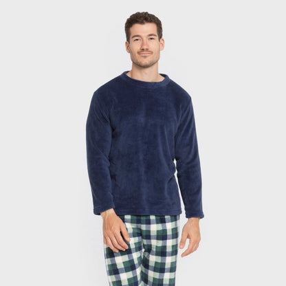 Pijama masculino de lã coral, xadrez azul marinho Ferni
