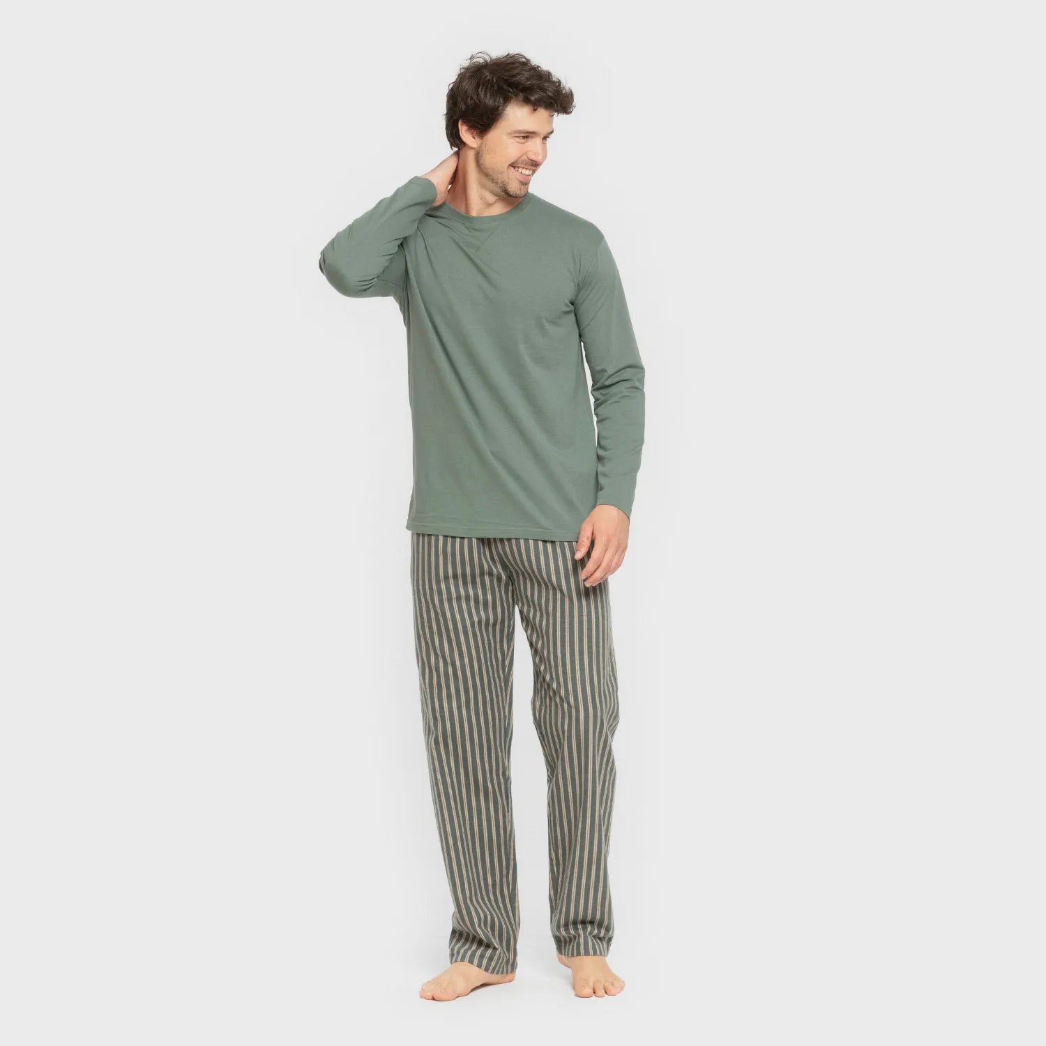 Pijama masculino de flanela, listrado Marseille, verde-areia