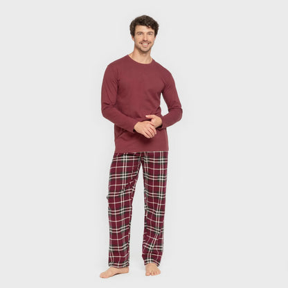 Pijama de flanela masculino, estampa xadrez Sauron, cor bordô.