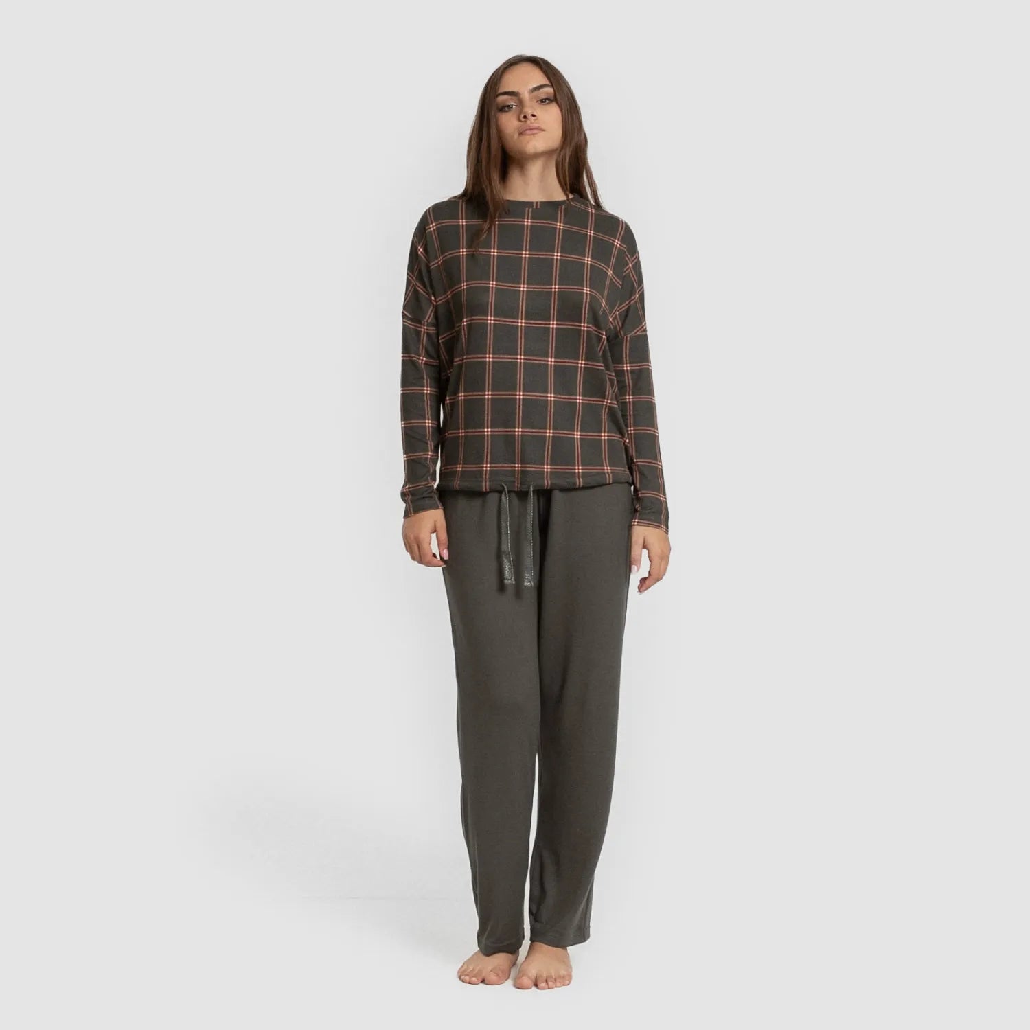 Pijama comprido feminino Secret, xadrez verde-caça Nelby.
