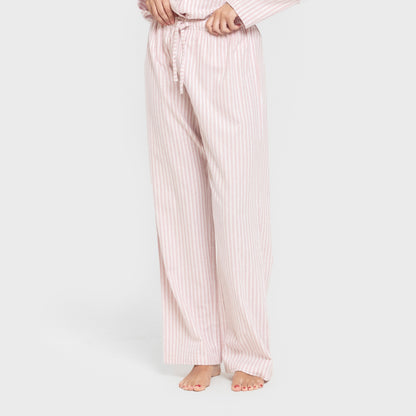 Pijama feminino de flanela de manga comprida, estilo camisa, Ceballos com listras rosa.